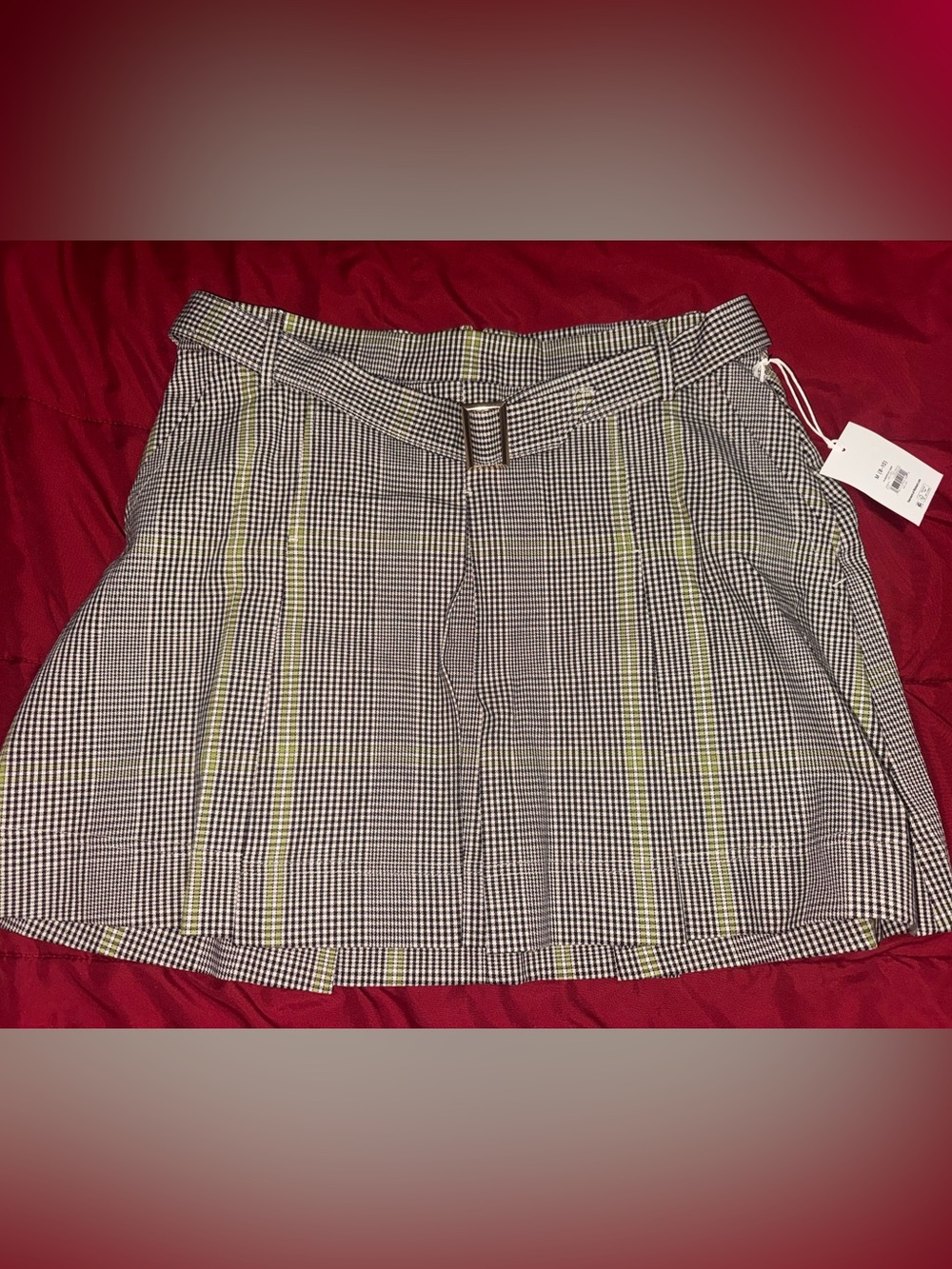 Checked A-Line Mini Skirt with Belt - Black, White & Yellow Stripe